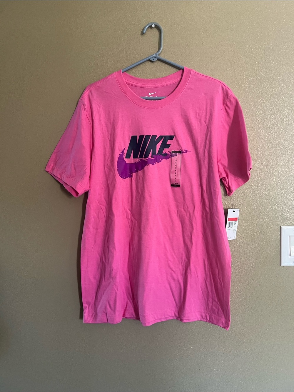 Nike Bright Pink Short Sleeve Tee with Dark Purple Logo Women size L